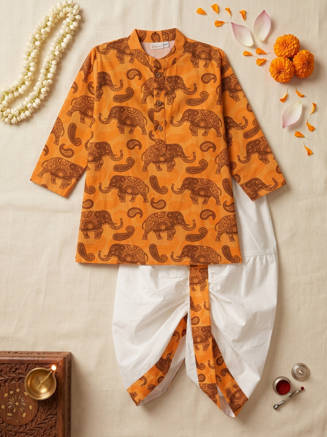 Orange Elephant Paisley Kurta Dhoti Set