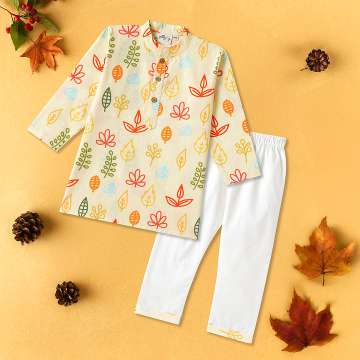 Yellow Fern & Leaves Print Kurta Pajama Set