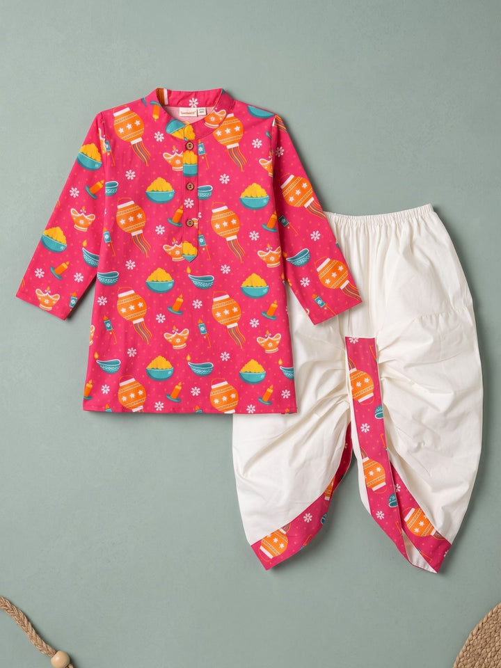 Pink Festive Motif Kurta Dhoti Set