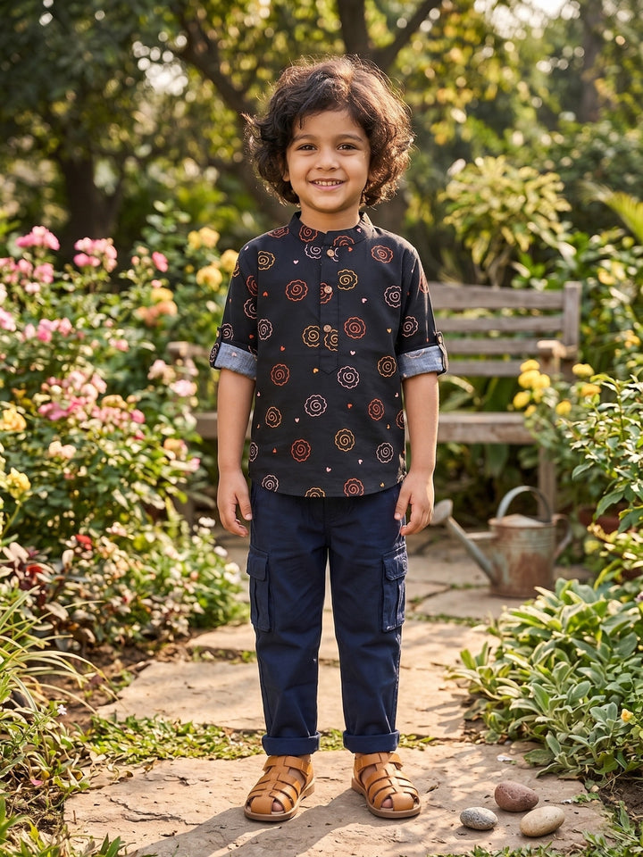 Charcoal Floral Motif Short Kurta