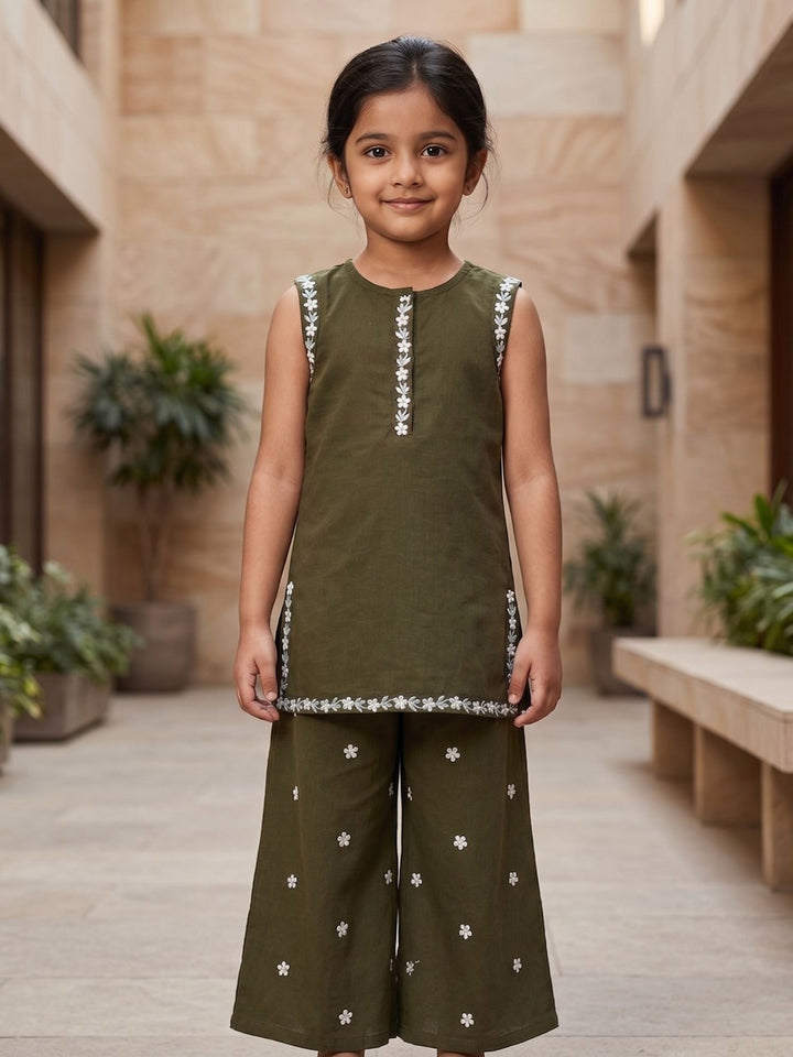 Olive Embroidered Kurti Palazzo