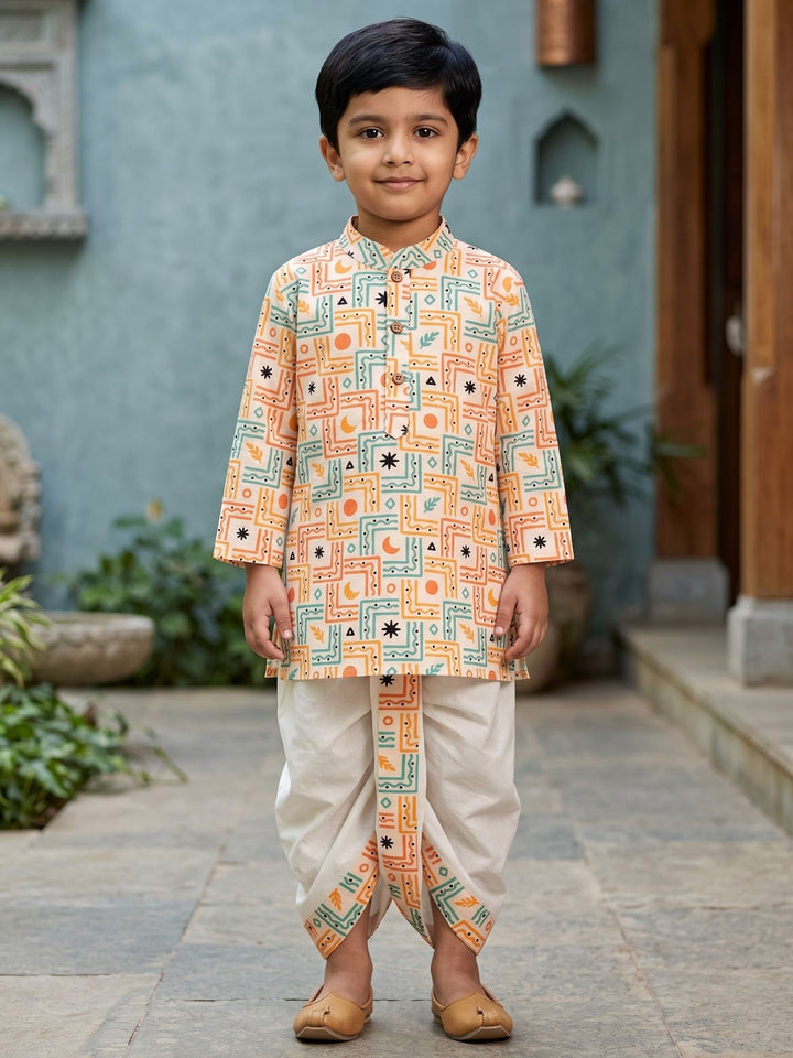 White Boho Geometric Kurta Dhoti Set