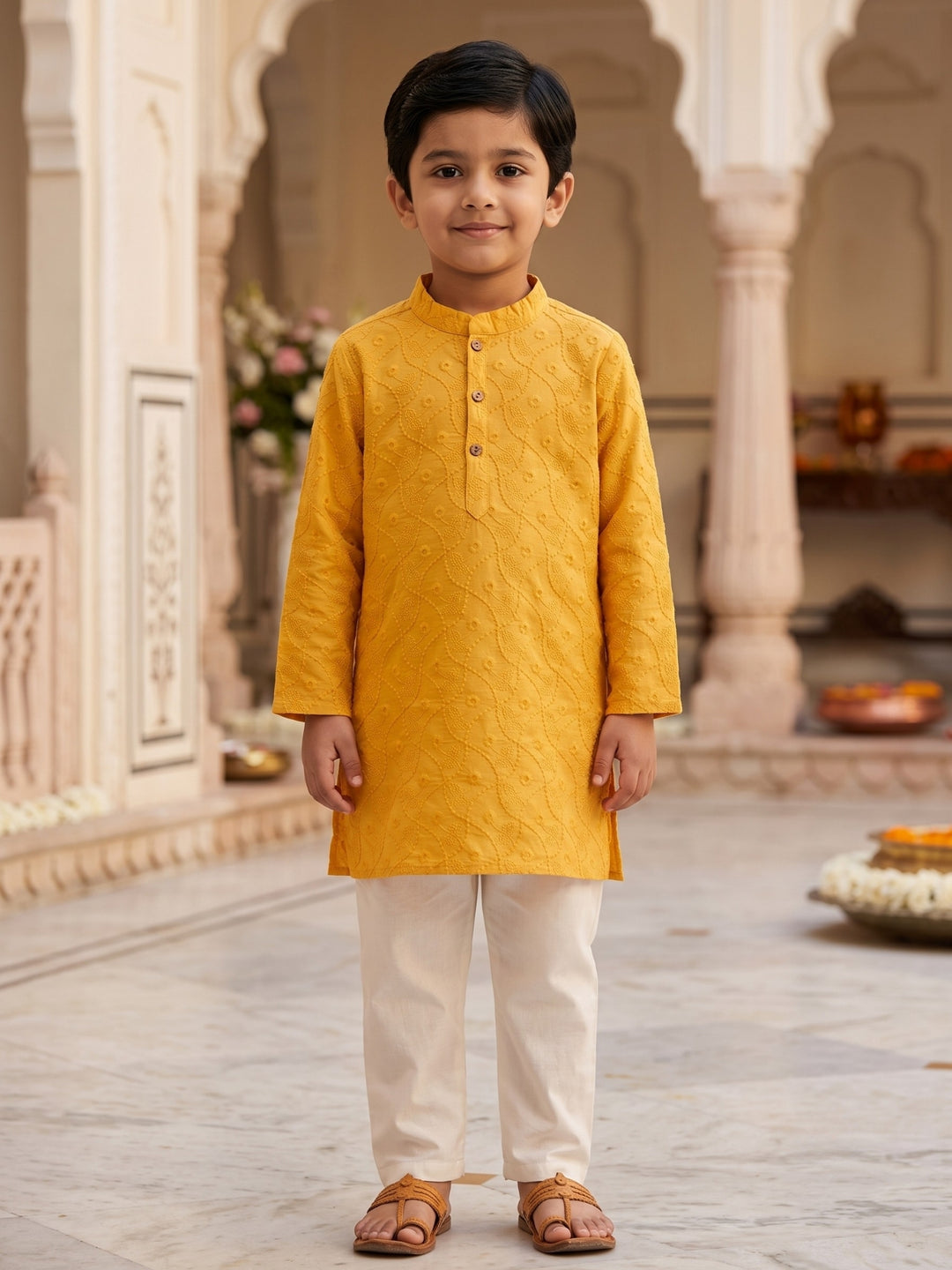 Yellow Schiffli Embroidered Kurta Pajama