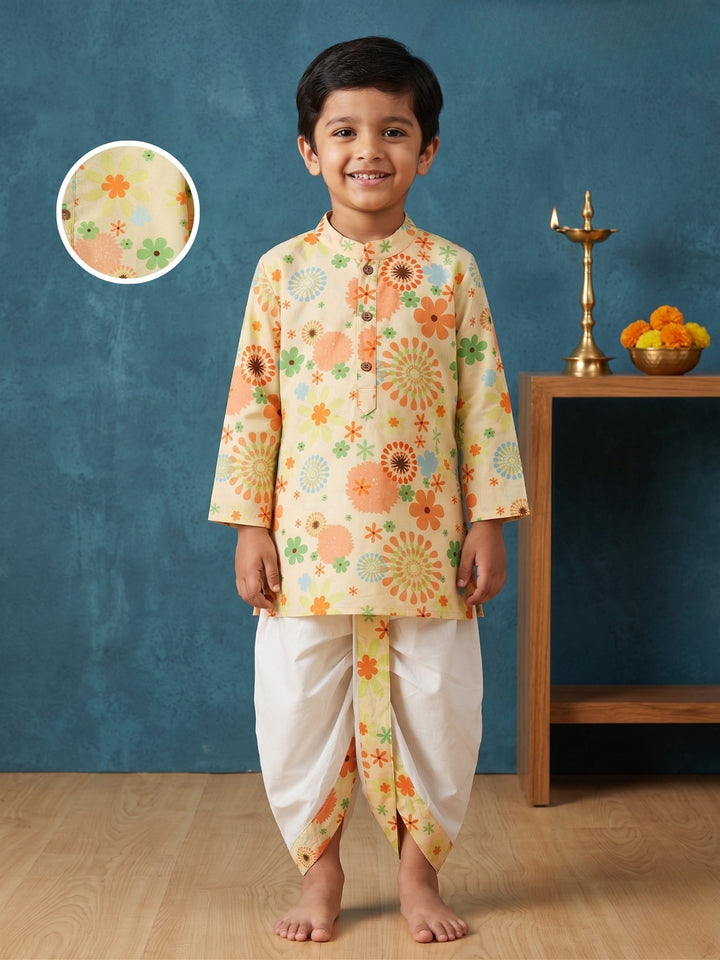 Yellow Floral Kurta Dhoti Set