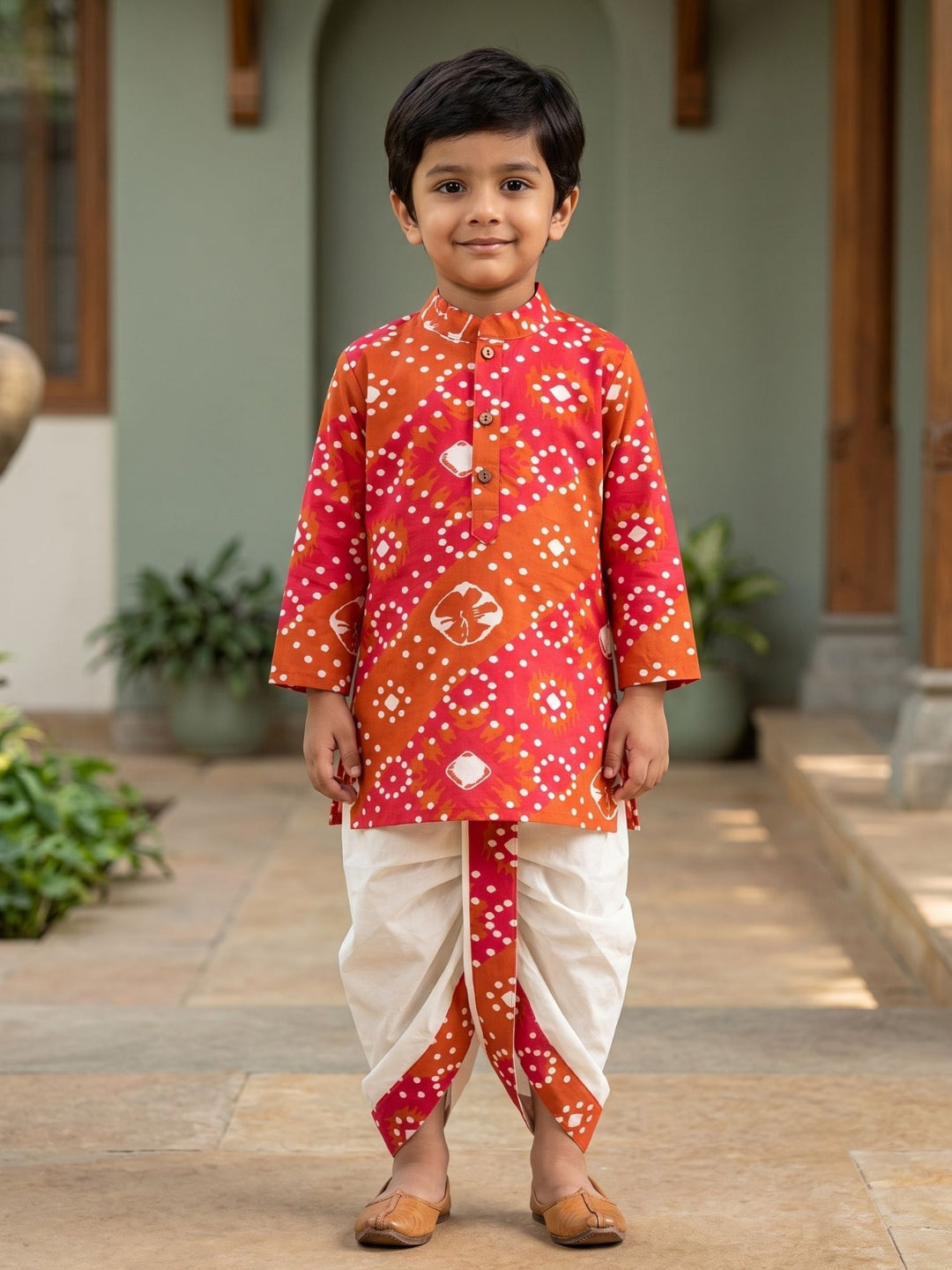Magenta Bandhani Kurta Dhoti Set