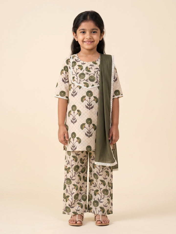 Cream Floral Motif Print Kurti Set