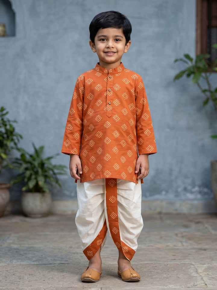 Rust Floral Butti Kurta Dhoti Set