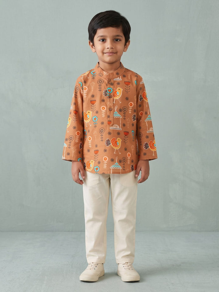 Brown Floral Bird Short Kurta