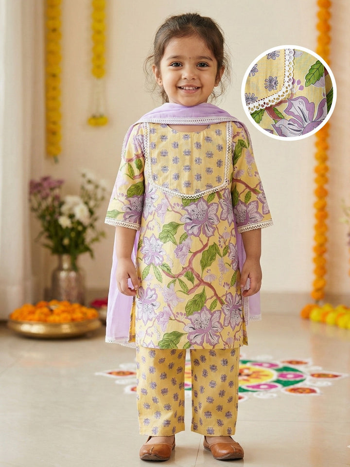 Yellow Floral Print Kurti Set