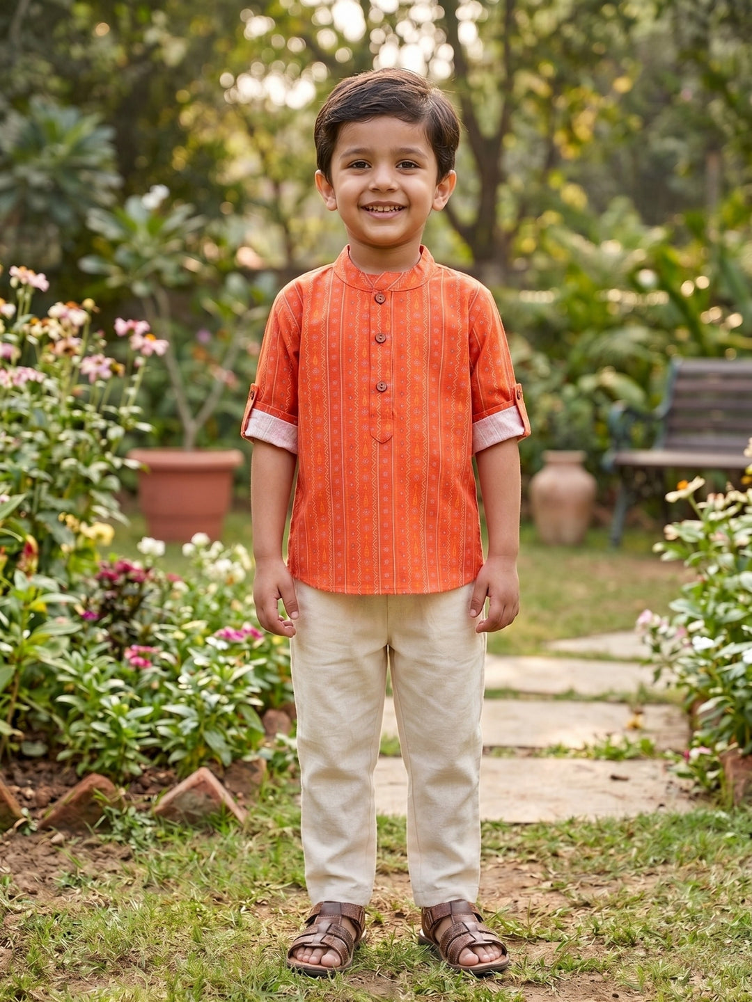 Orange Tribal Motif Short Kurta