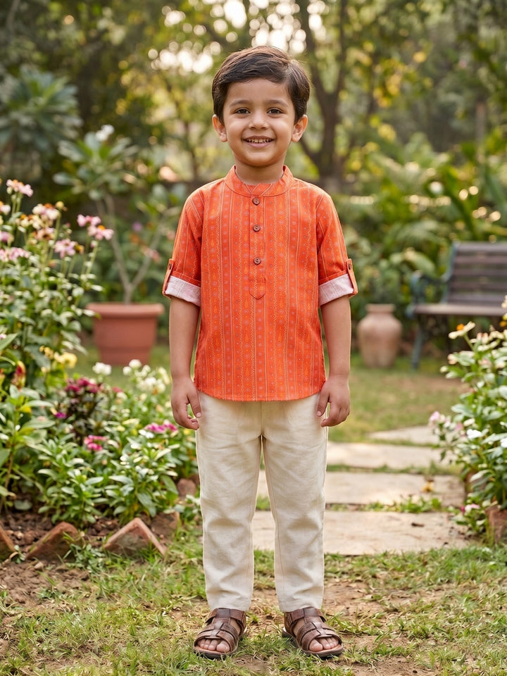 Orange Tribal Motif Short Kurta