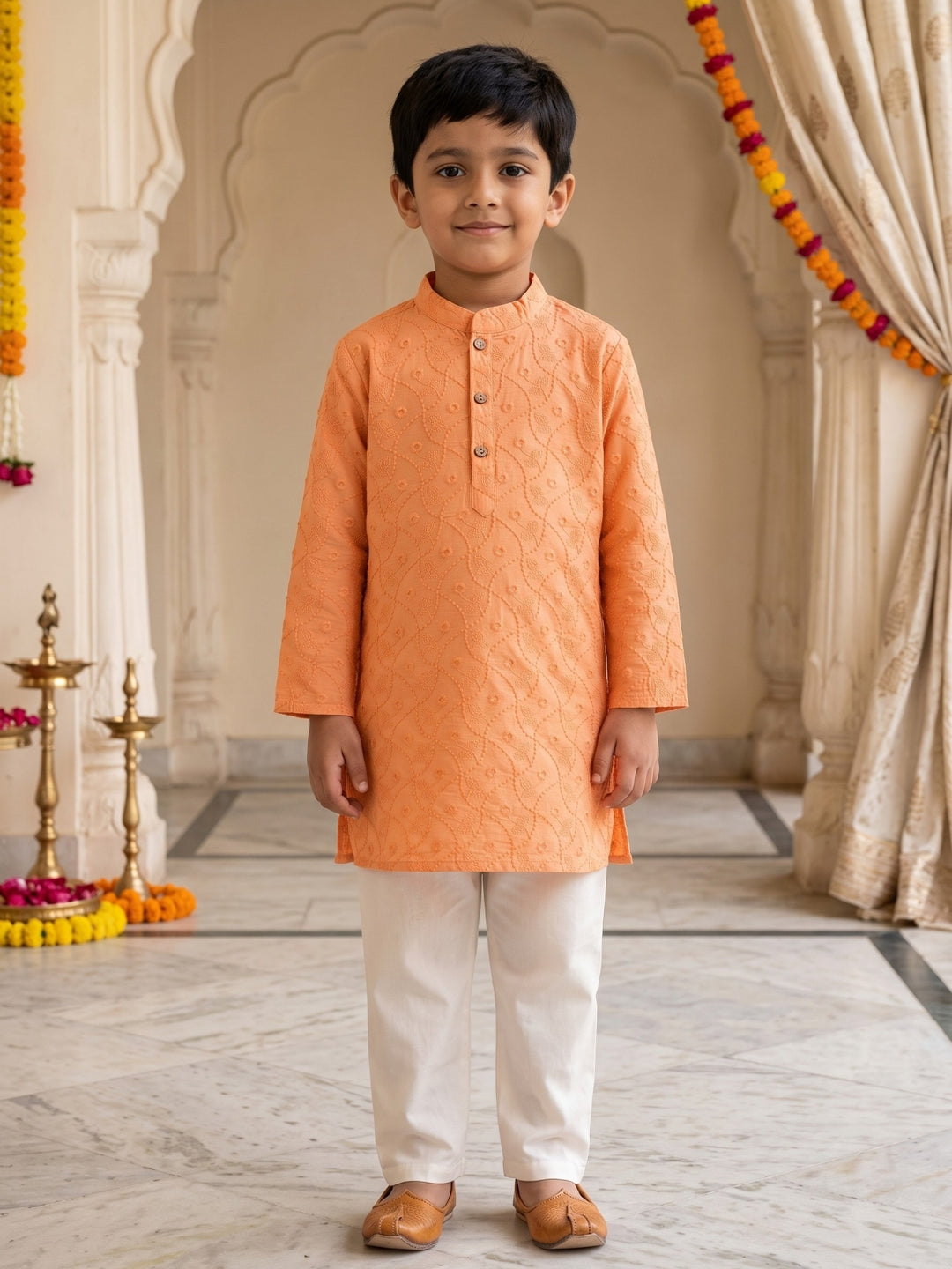 Peach Schiffli Embroidered Kurta Pajama