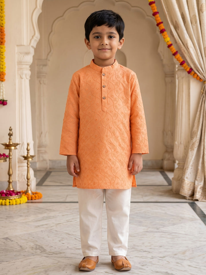 Peach Schiffli Embroidered Kurta Pajama