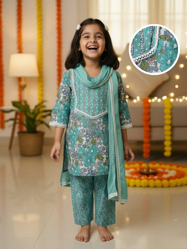 Blue Floral Print Kurti Set