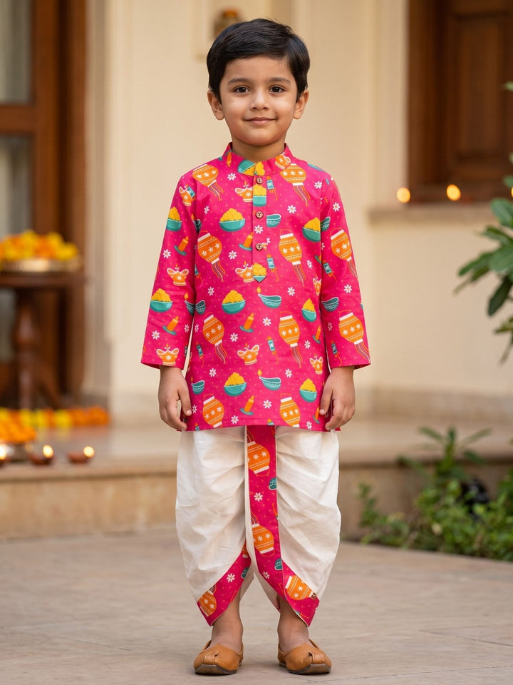 Pink Festive Motif Kurta Dhoti Set