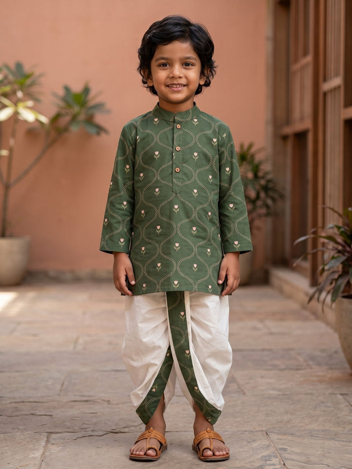 Olive Tulip Floral Bud Kurta Dhoti Set