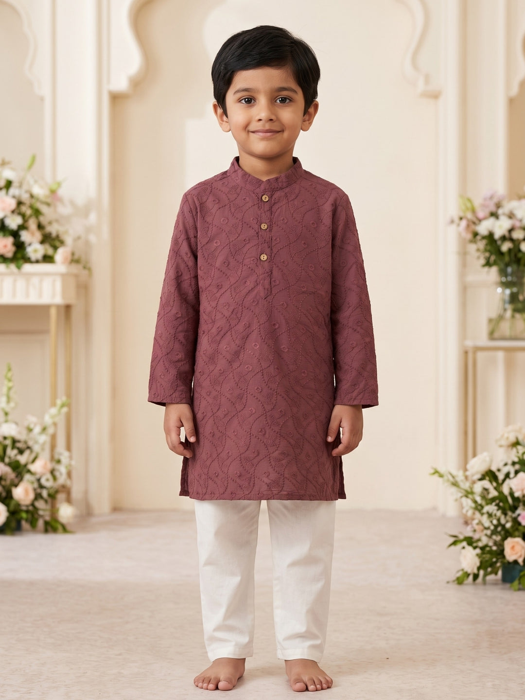Wine Schiffli Embroidered Kurta Pajama