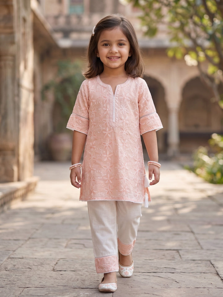 Peach Embroidered Kurti Set