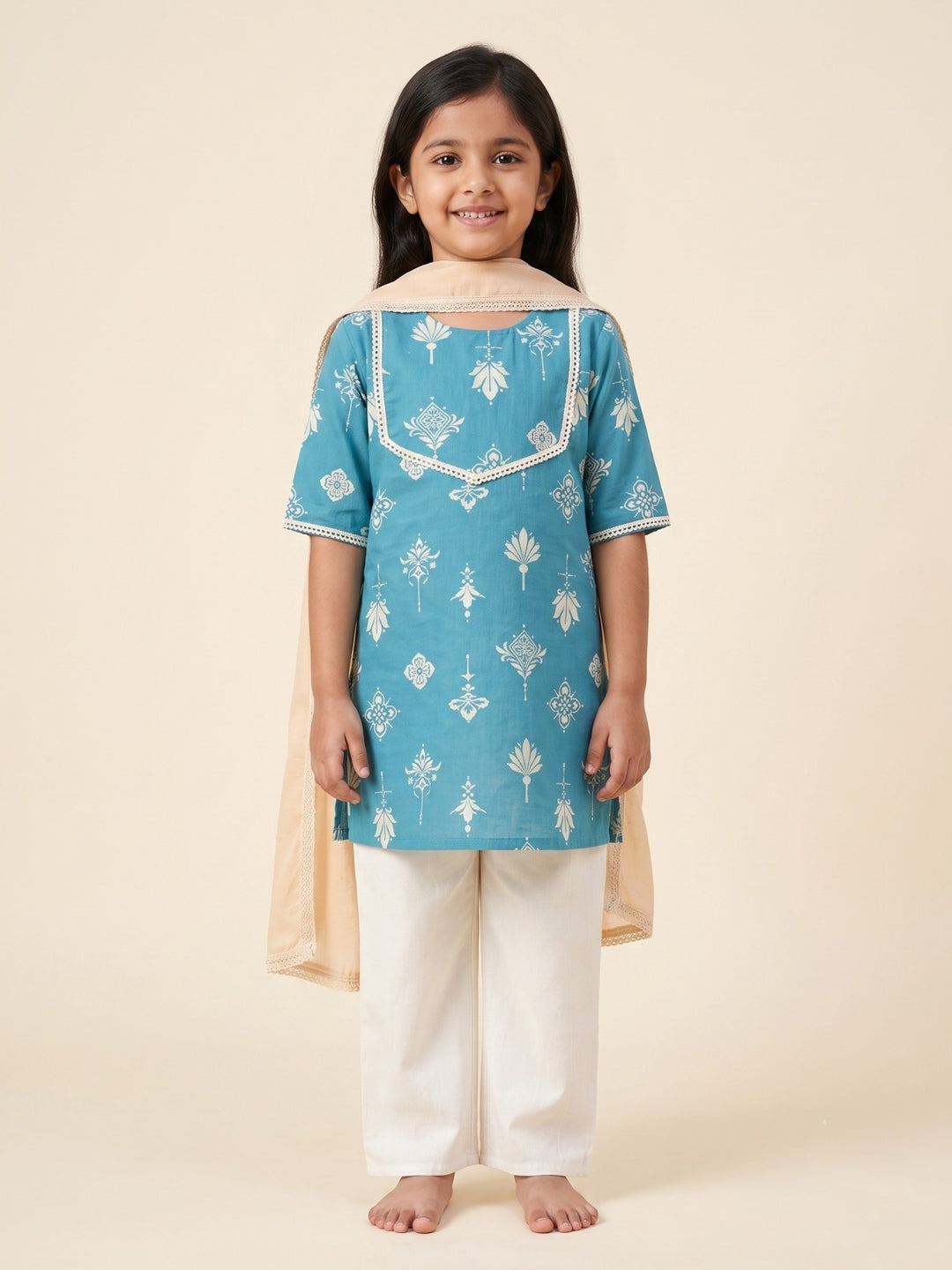 Teal Floral Print Kurti Set