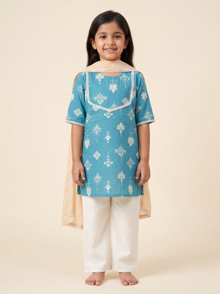 Teal Floral Print Kurti Set