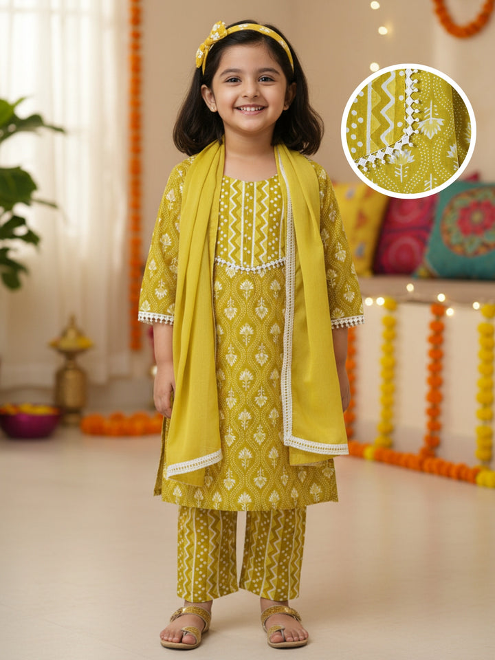 Mustard Motif Print Kurti Set