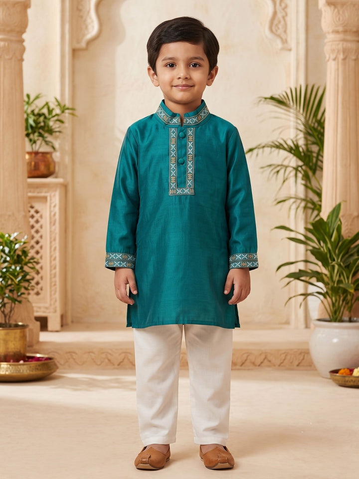 Blue Mashru Embroidered Kurta Pajama