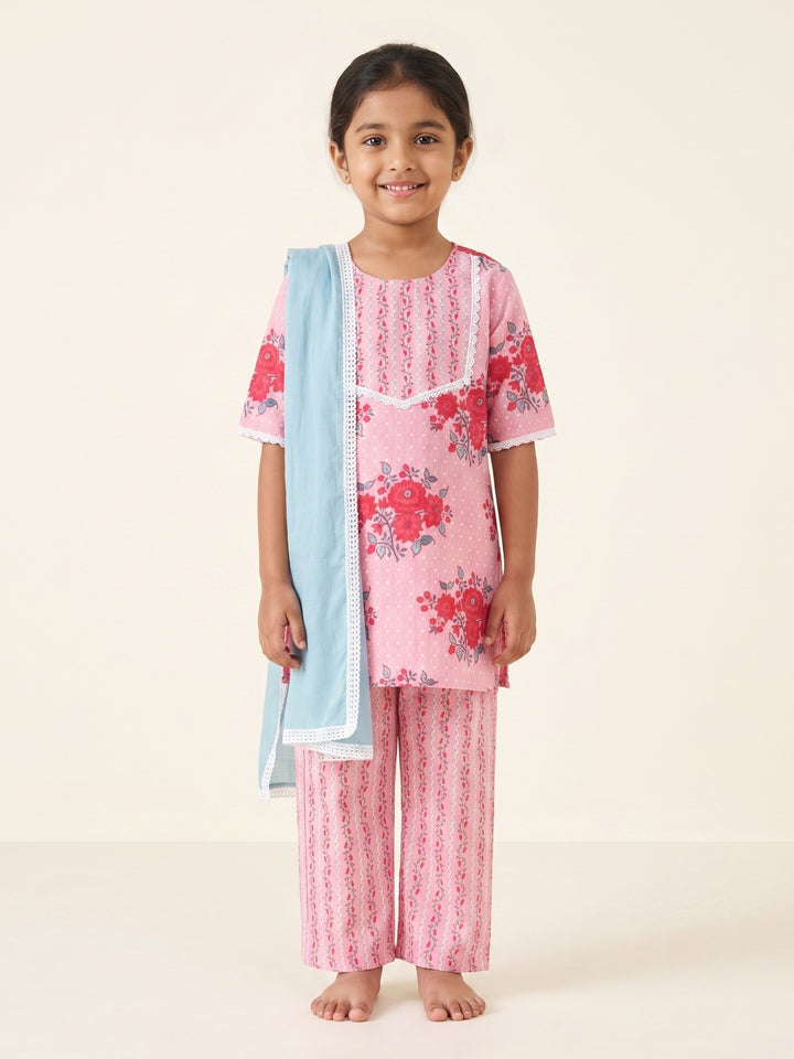 Pink Floral Buds Print Kurti Set