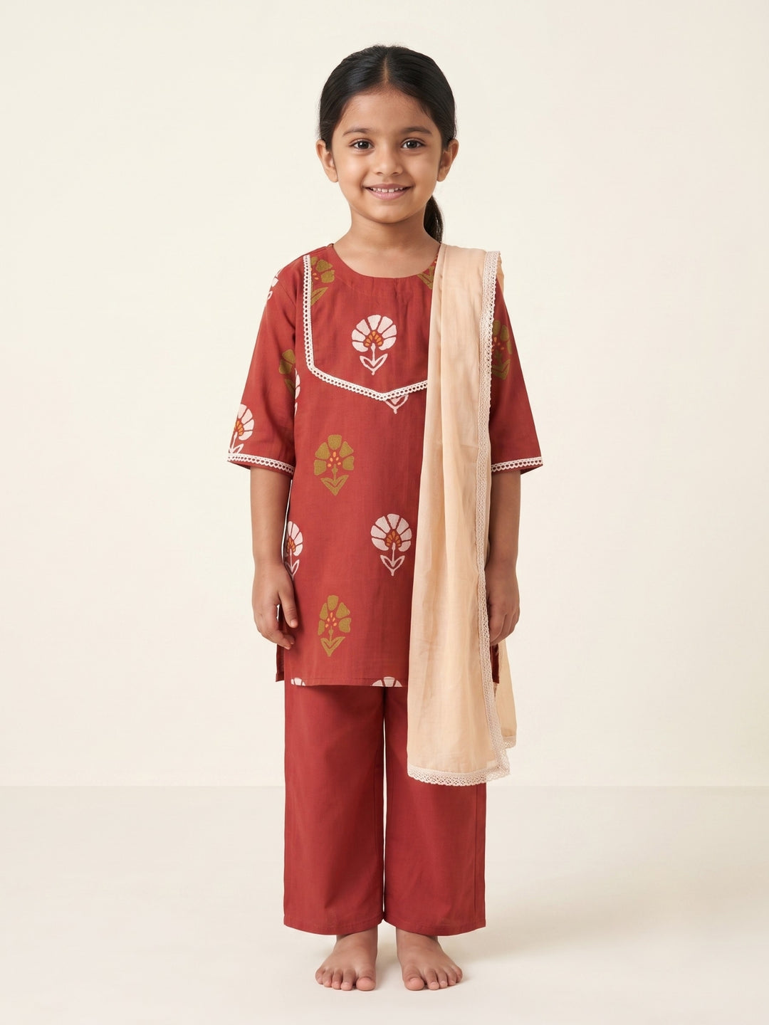 Red Floral Block Print Kurti Set