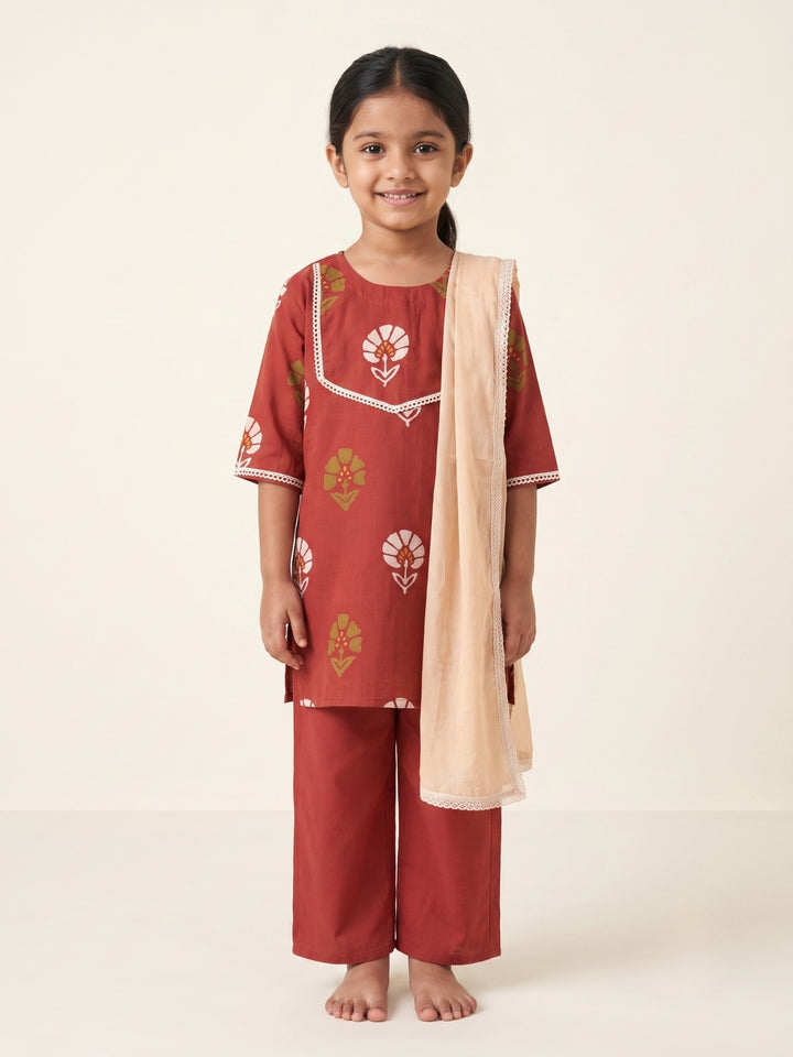 Red Floral Block Print Kurti Set