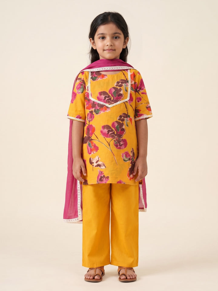 Mustard Water Color Floral Print Kurti Set