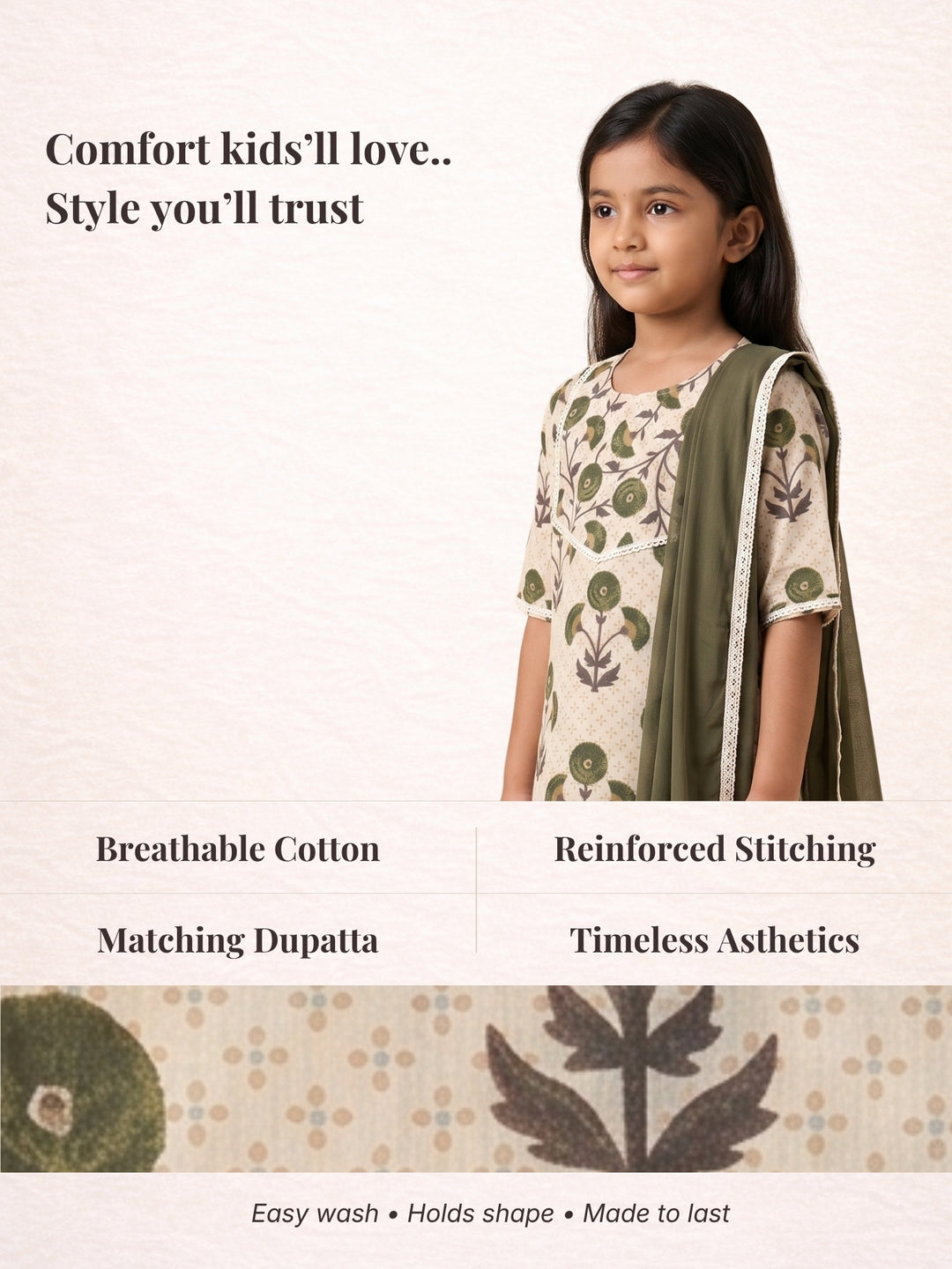 Cream Floral Motif Print Kurti Set