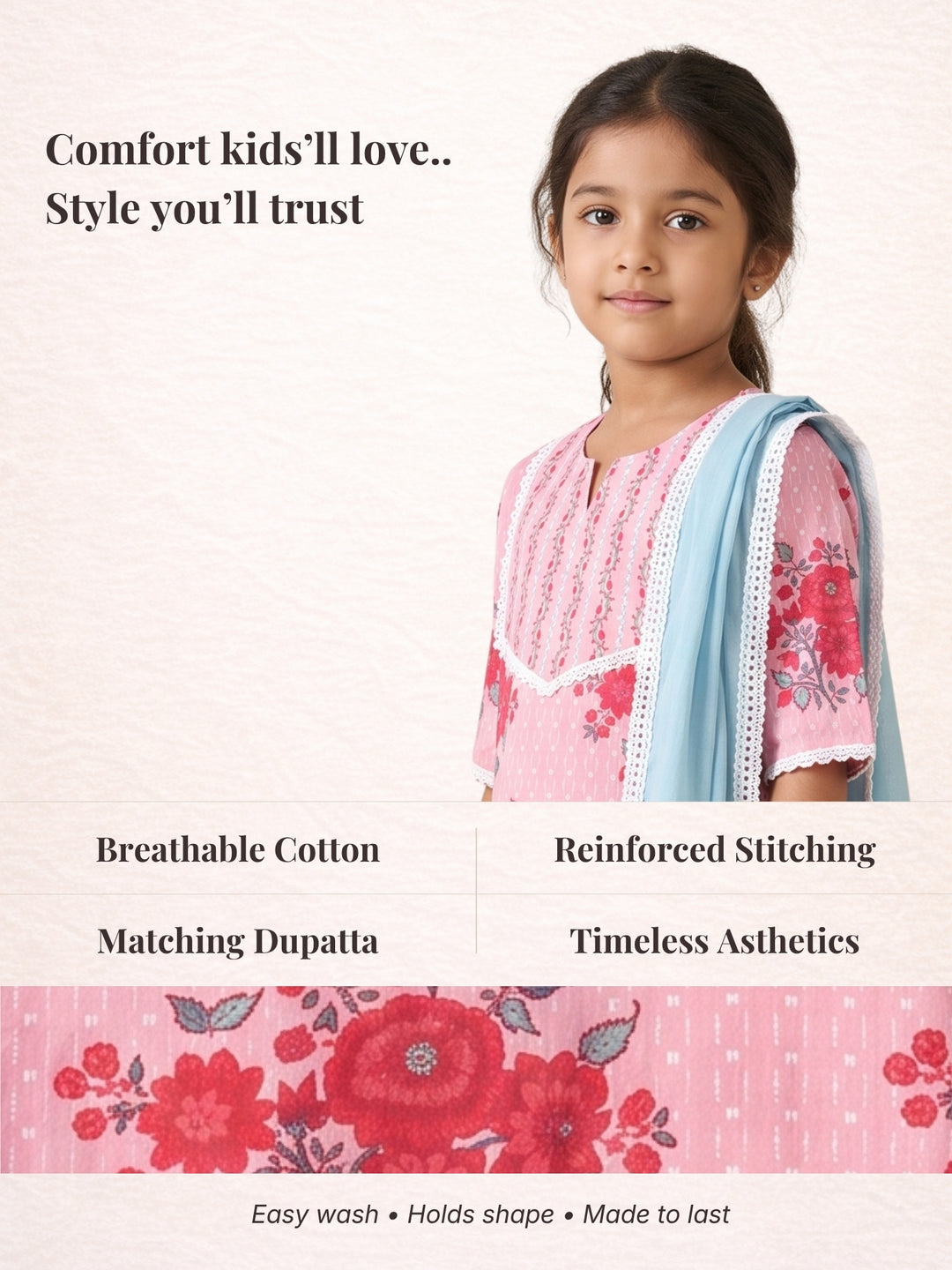 Pink Floral Buds Print Kurti Set
