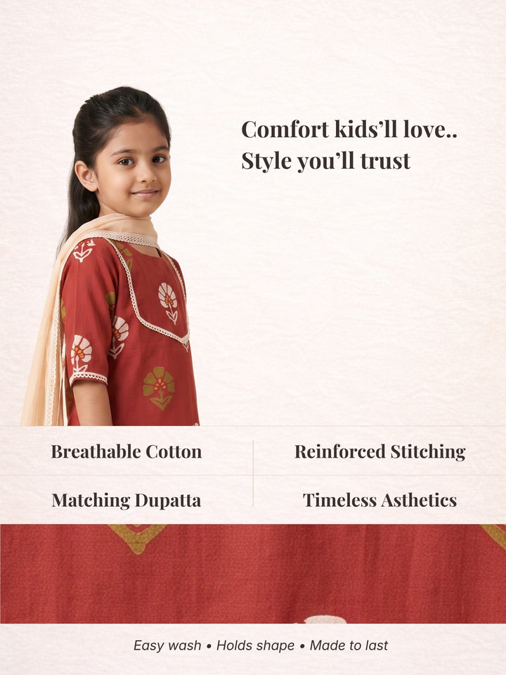 Red Floral Block Print Kurti Set