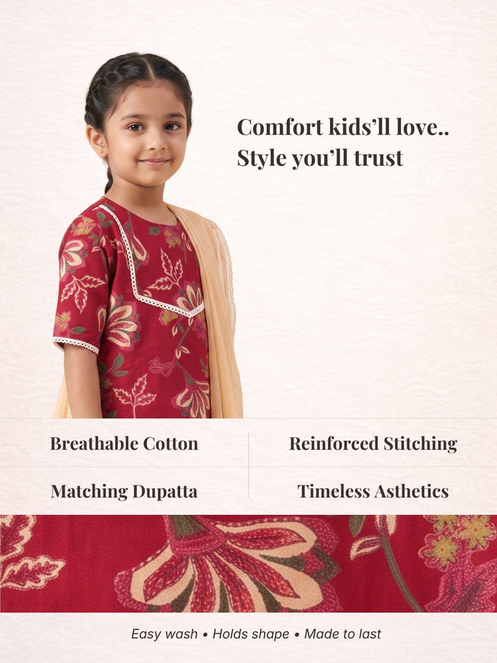 Red Floral Vine Print Kurti Set