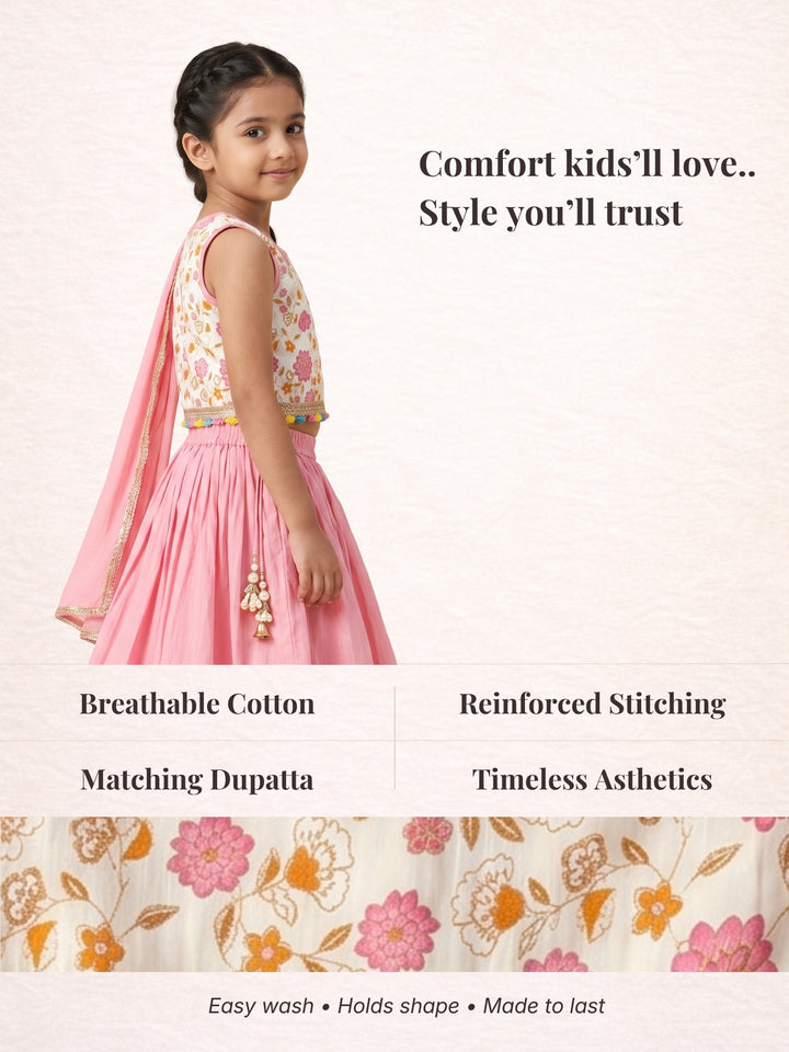 Pink Golden Foil Printed Lehenga Choli Set &amp; Dupatta