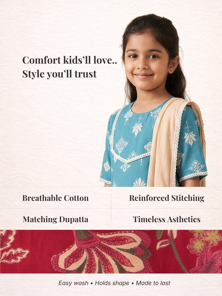 Teal Floral Print Kurti Set