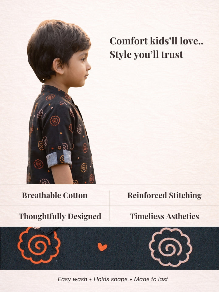 Charcoal Floral Motif Short Kurta