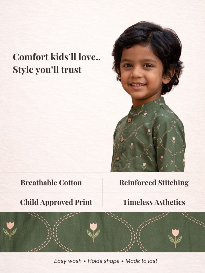 Olive Tulip Floral Bud Kurta Dhoti Set