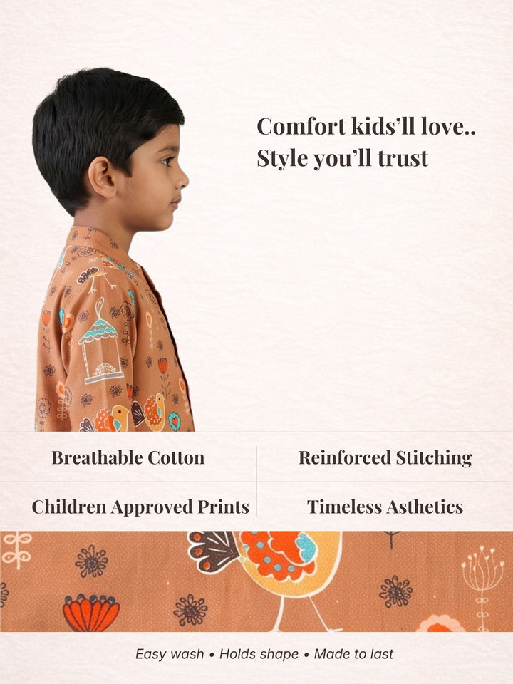 Brown Floral Bird Short Kurta