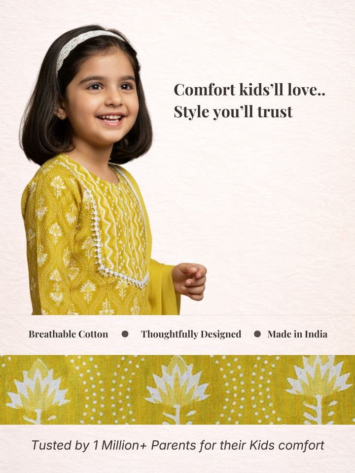 Mustard Motif Print Kurti Set