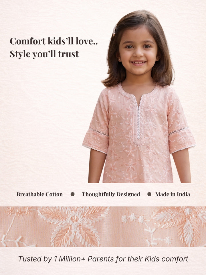 Peach Embroidered Kurti Set