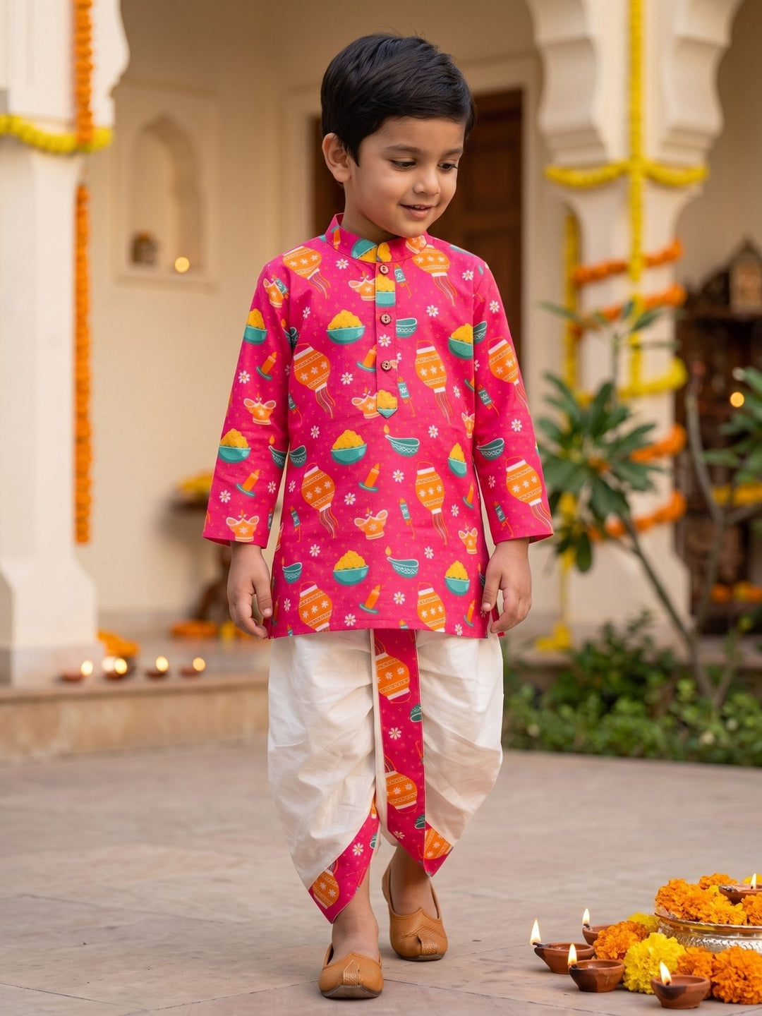 Pink Festive Motif Kurta Dhoti Set