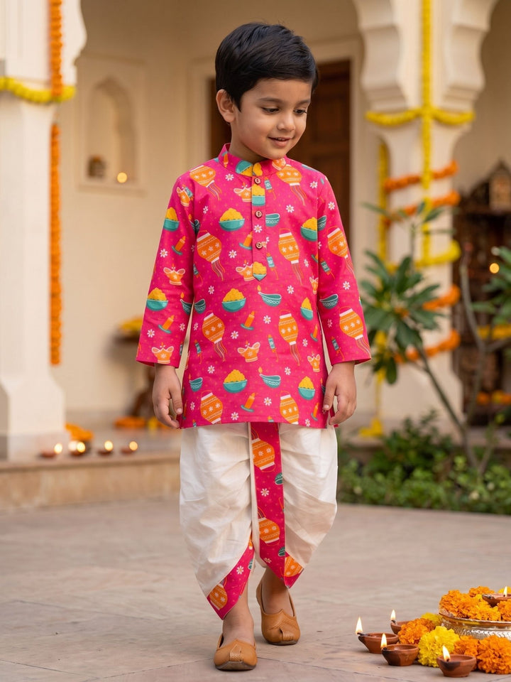 Pink Festive Motif Kurta Dhoti Set