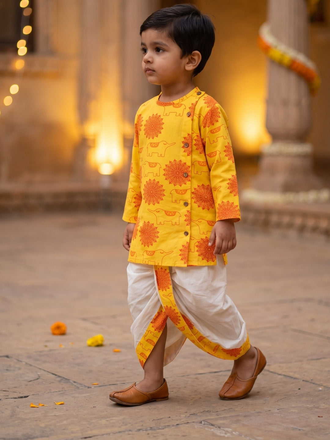 Yellow Elephant Mandala Kurta Dhoti Set