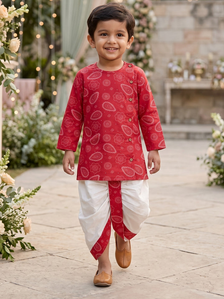 Red Bengali Paisley Kurta Dhoti Set