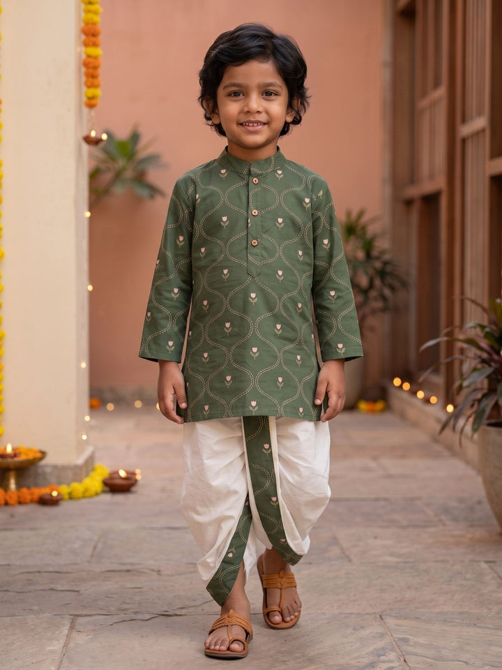 Olive Tulip Floral Bud Kurta Dhoti Set