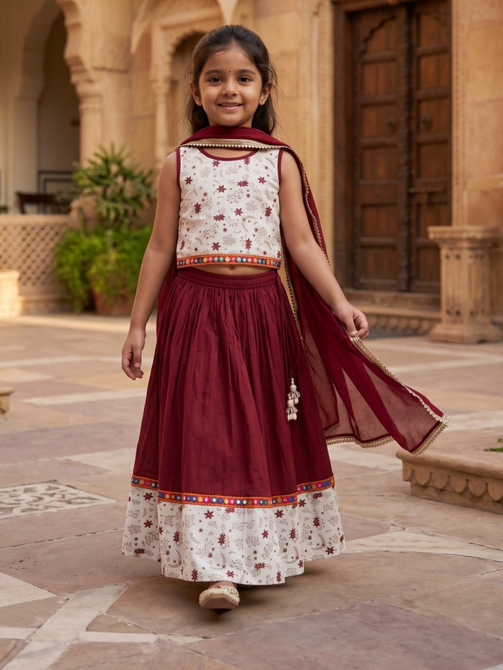 Maroon Golden Foil Printed Lehenga Choli Set &amp; Dupatta