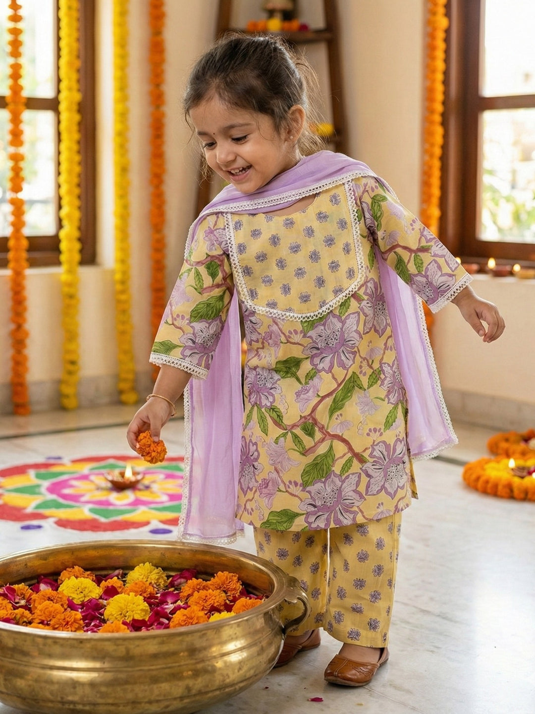 Yellow Floral Print Kurti Set