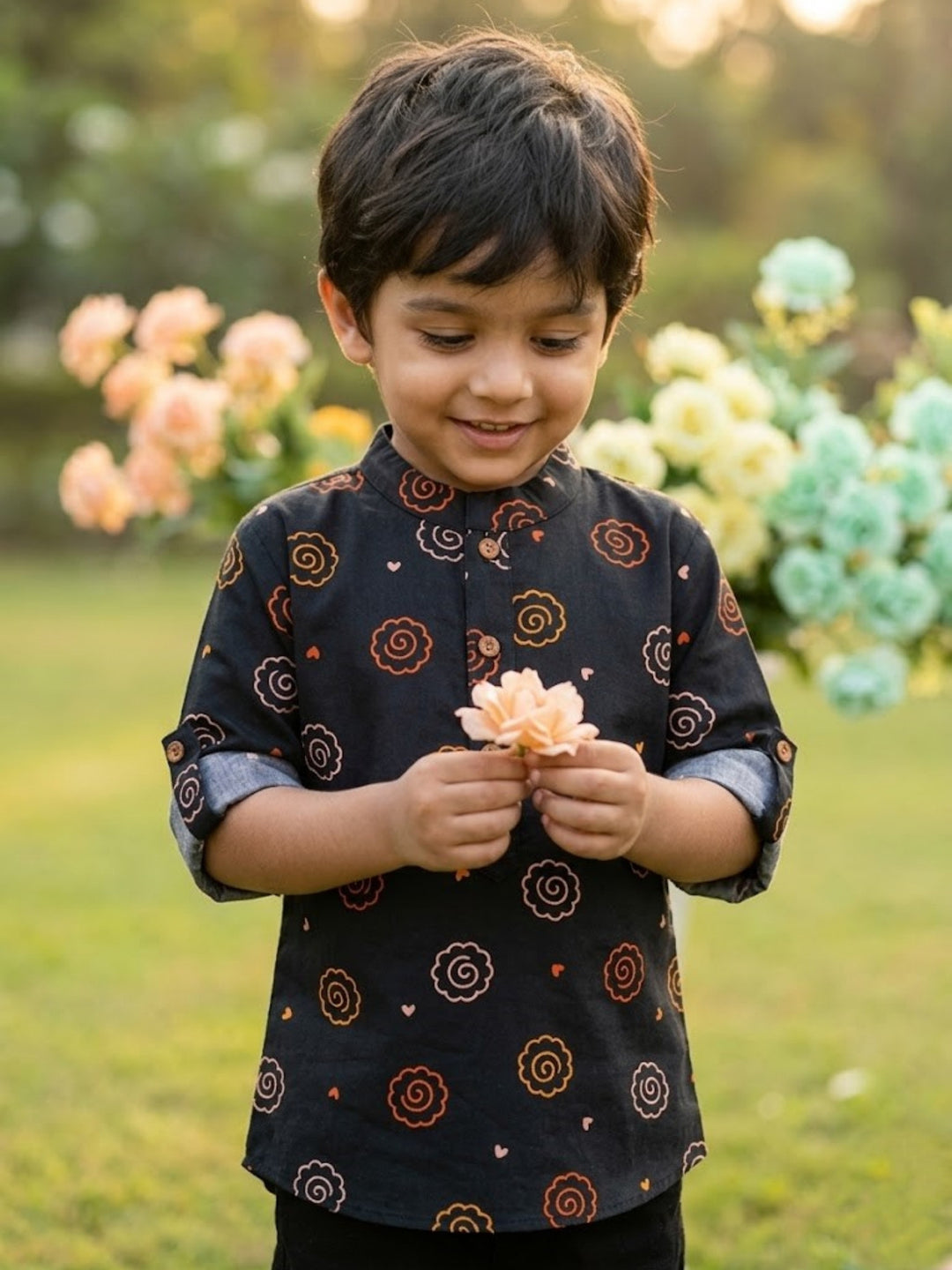 Charcoal Floral Motif Short Kurta