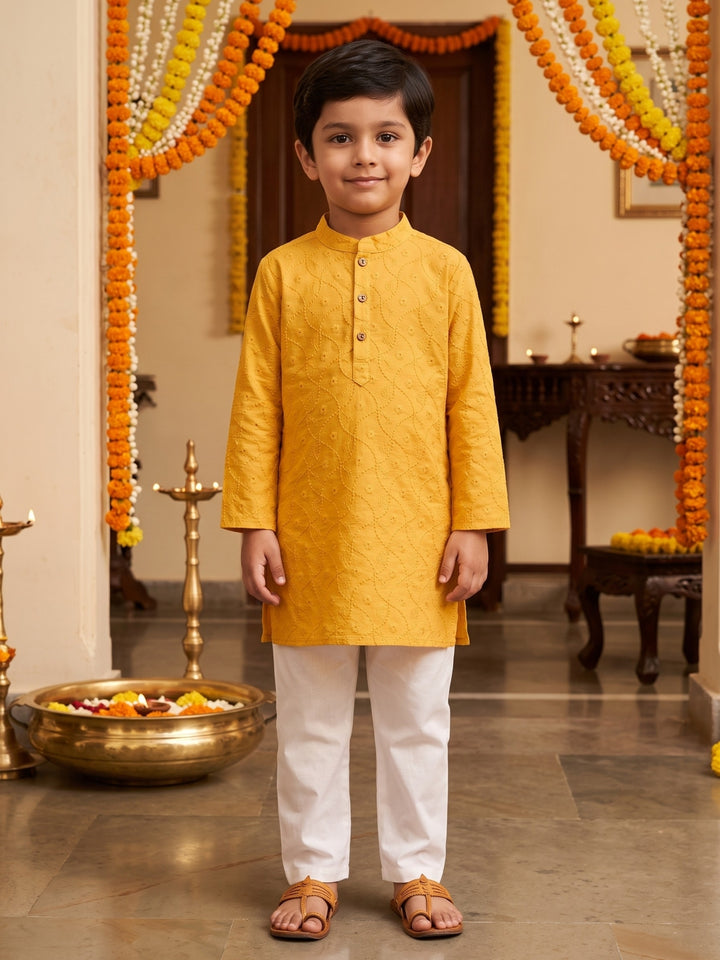 Yellow Schiffli Embroidered Kurta Pajama